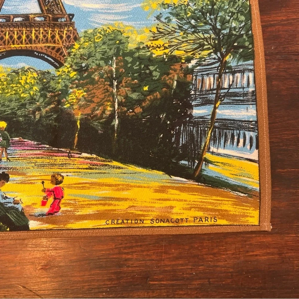 VTG 60s Sonacott Paris Midcentury Eiffel Tower Tea Towel Art 20x29 Retro French